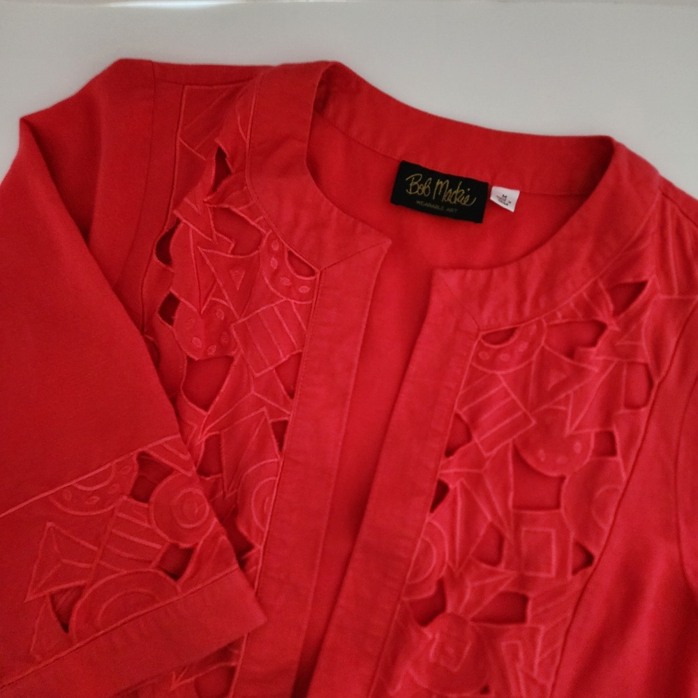 Bob Mackie Red Linen Blend Embroidered Open Front‎ 3/4 Sleeve Jacket M